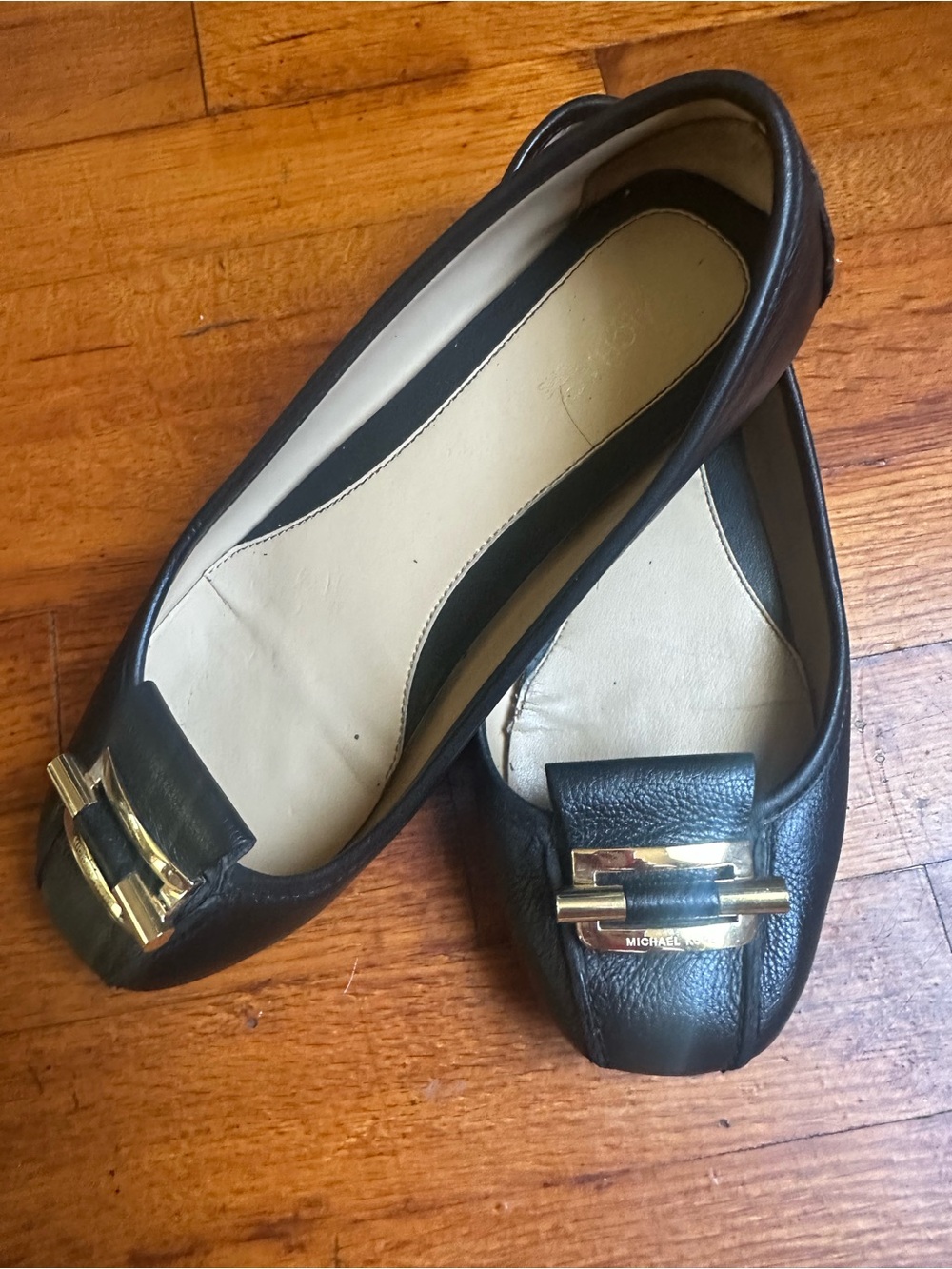 Michael Kors Black Leather Ballet Flats with Gold Buckle Size 7 M